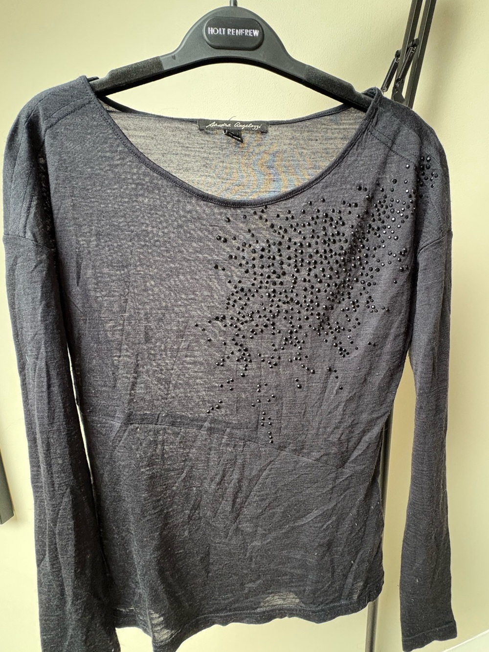 Wool blend Black Long-Sleeve Embellished Scoop Neck Top